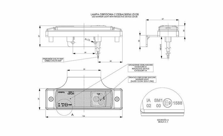 Габаритный фонарь боковой HORPOL со светоотражателем LD 890